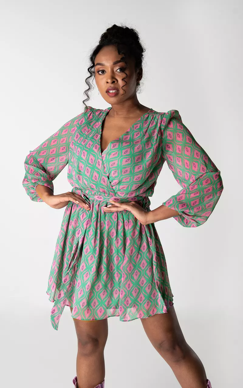 Mini Kleid mit V-Ausschnitt und Schleife Grün Pink