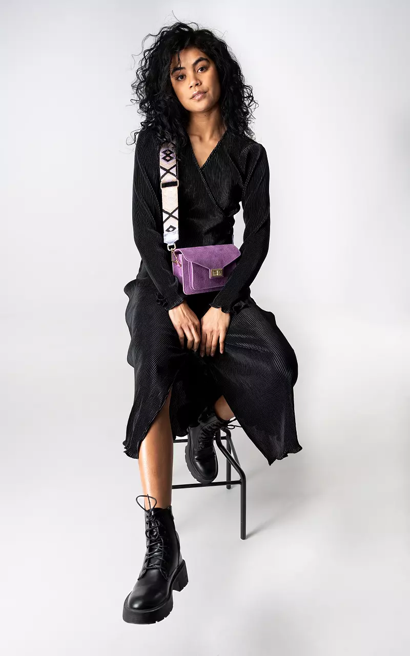 Pleated wrap-around dress with v-neck Black
