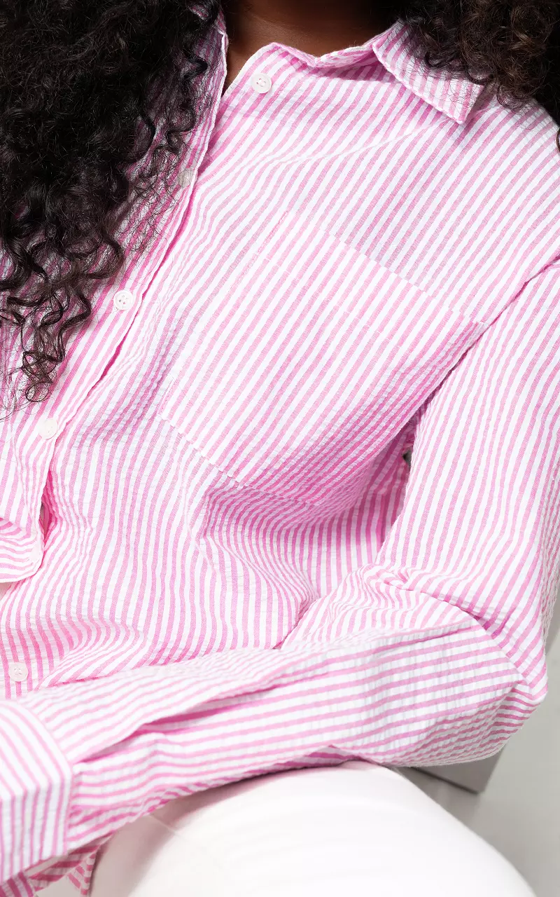 Katoenen gestreepte blouse met borstzak Lichtroze Wit