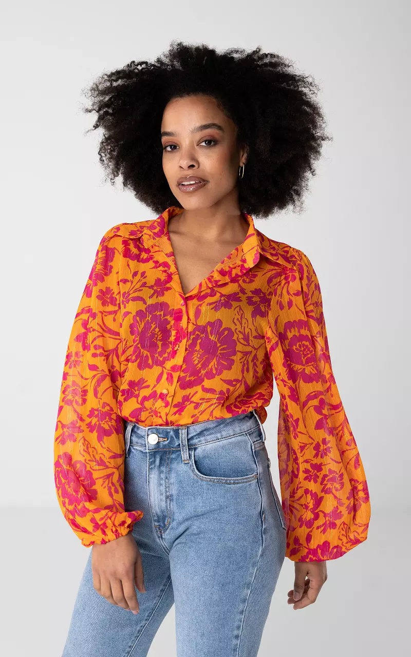 See-through blouse with glitter detail Orange Fuchsia