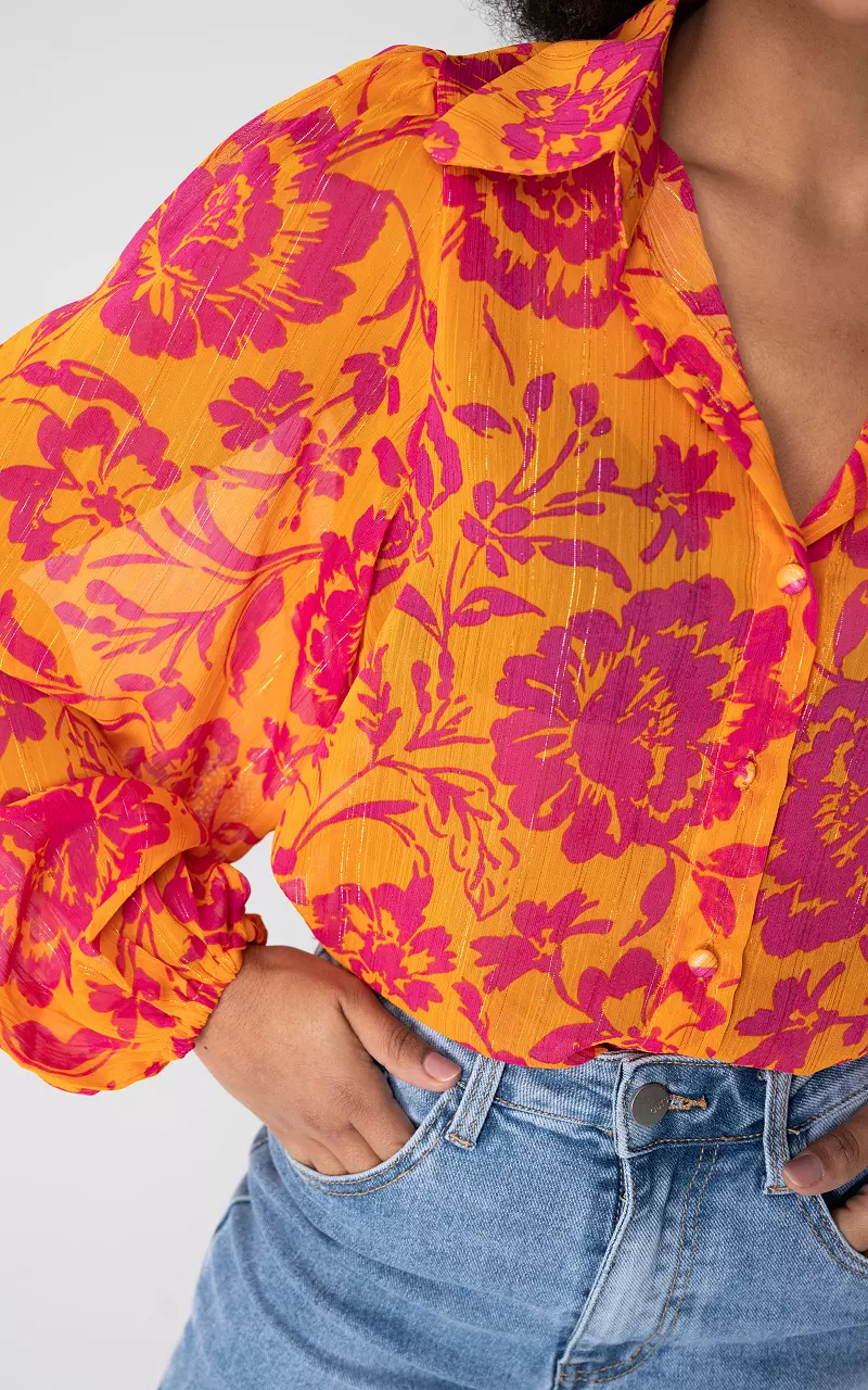 See through blouse met glitterdetail Oranje Fuchsia