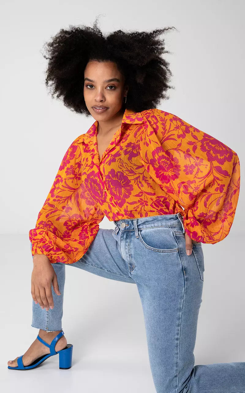 See through blouse met glitterdetail Oranje Fuchsia