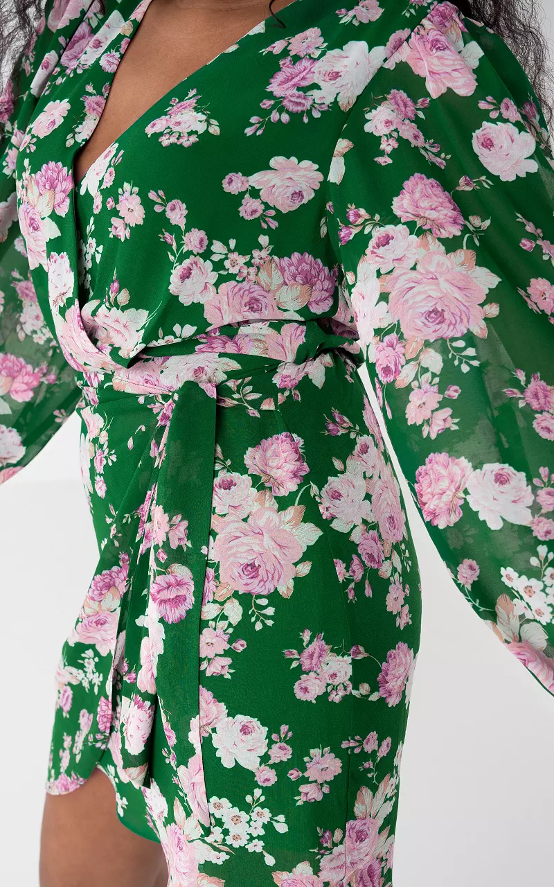 Floral print dress with v-neck Green Light Pink