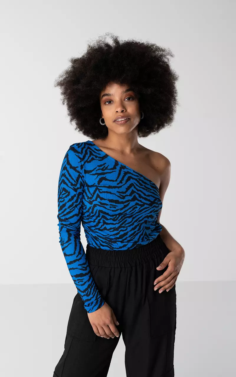 One-shoulder zebra top Kobalt Blauw Zwart