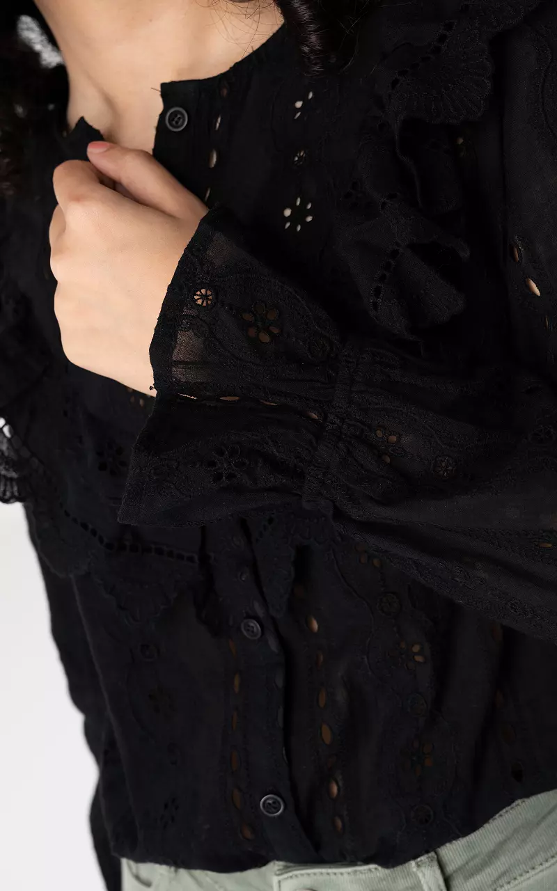 Embroidered blouse with lace details Black