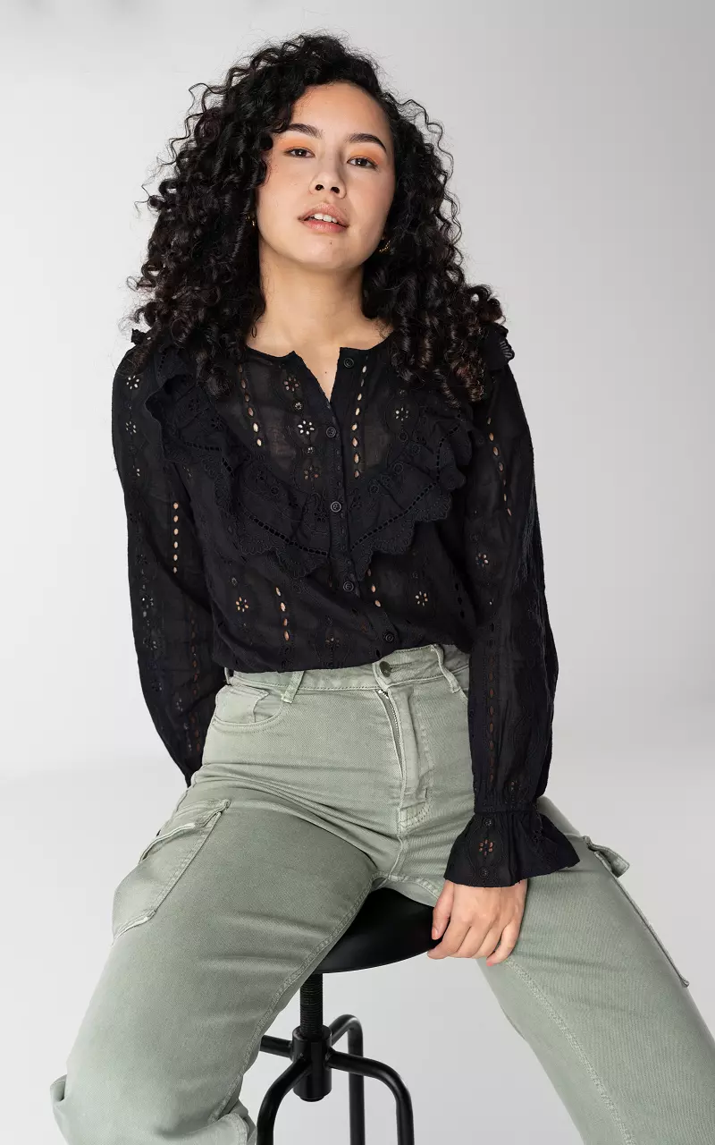 Embroidered blouse with lace details Black