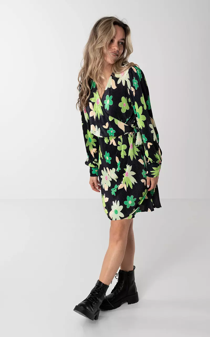 Pleated dress with print and tie Black Green