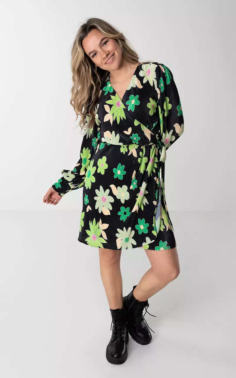 Pleated dress with print and tie Black Green