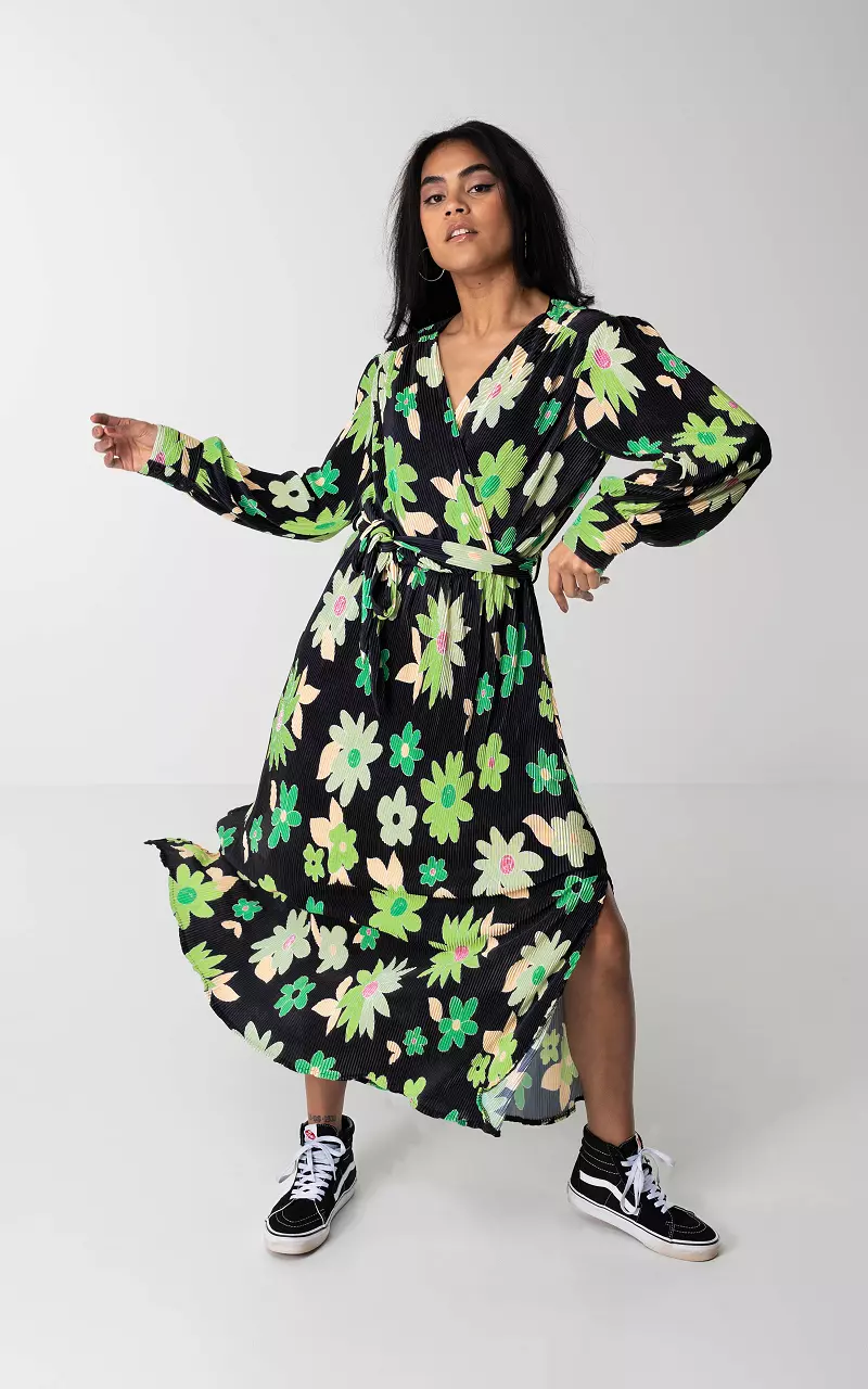 Maxi plissé jurk met print Zwart Groen