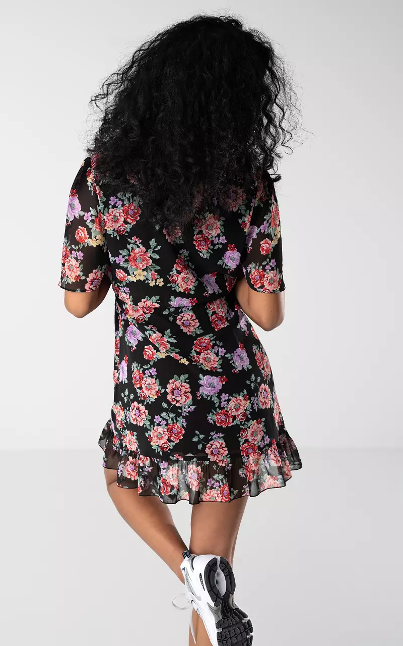 V-neck dress with waist tie Black Red