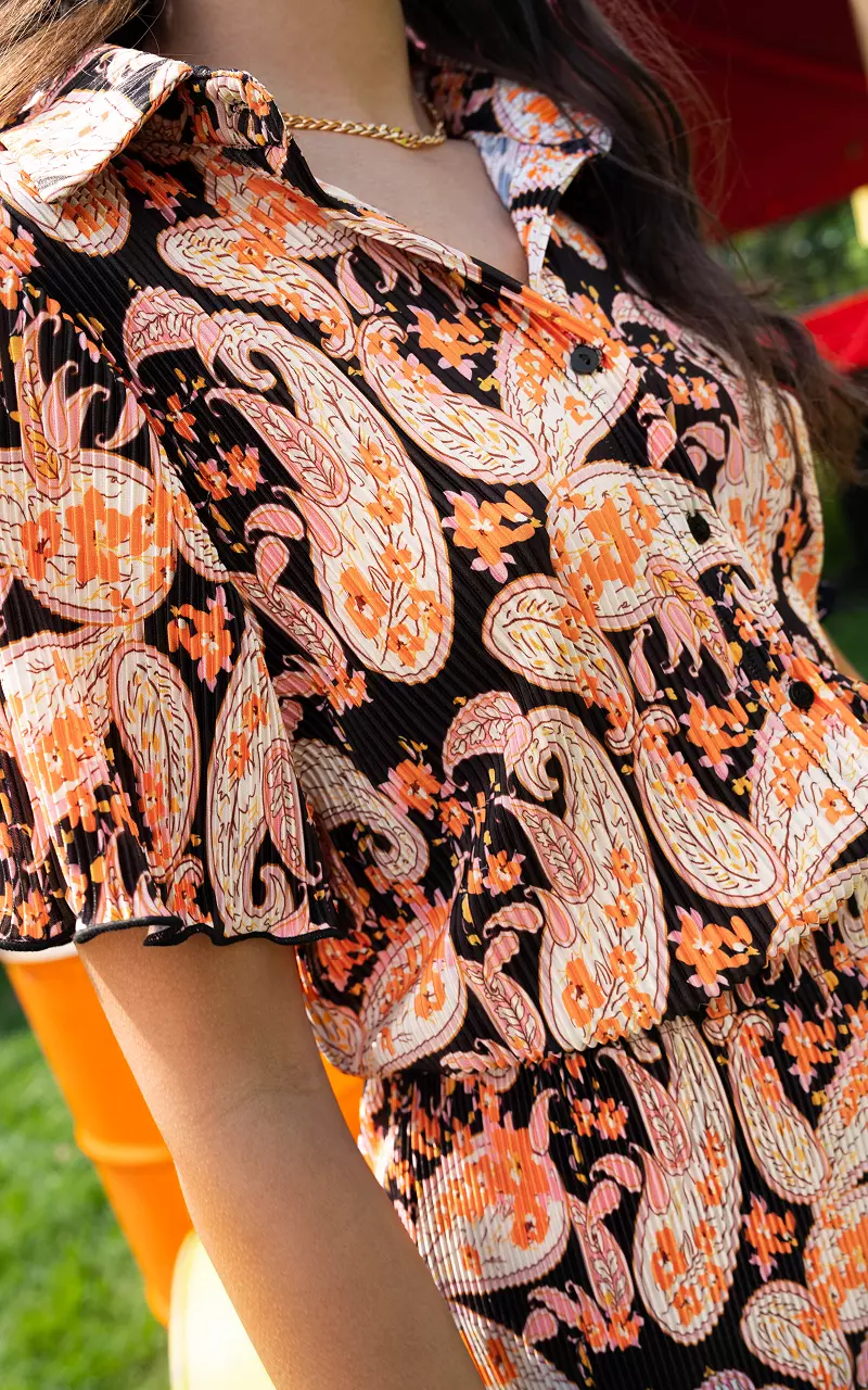 Plissé blouse met paisley print Zwart Oranje