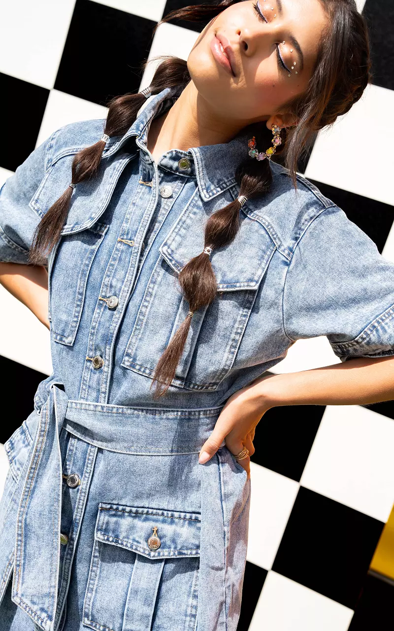 Denim dress with buttons and tie Blue