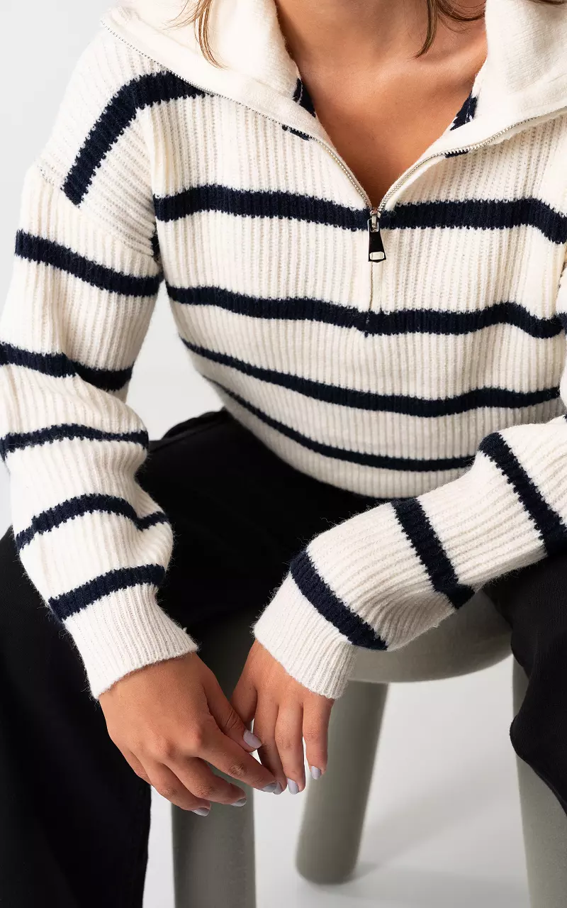 Turtleneck sweater with half zip Cream Dark Blue