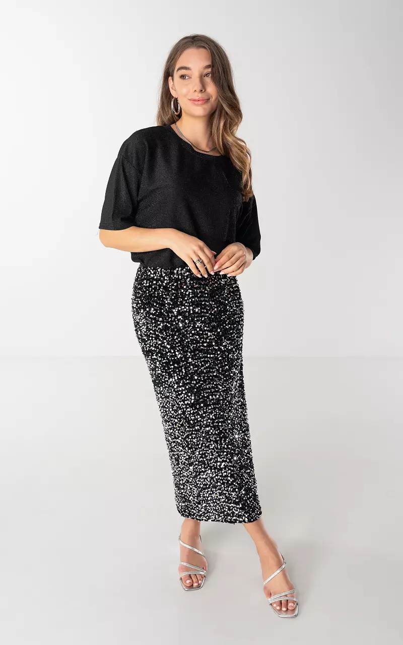 Midi skirt with sequins Black Silver