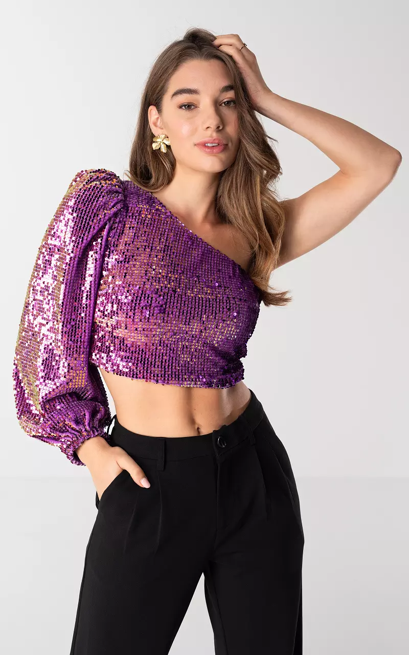 One shoulder crop top with sequins Purple