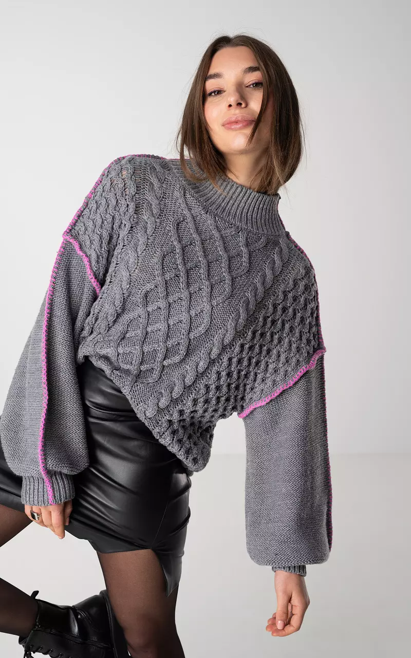 Cable sweater with high neck Dark Grey Fuchsia