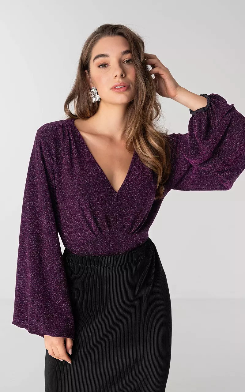 Glittery top with balloon sleeves Purple