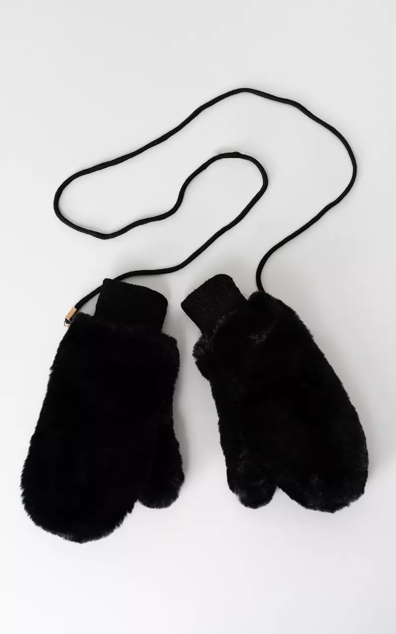 Faux fur mittens with cord Black