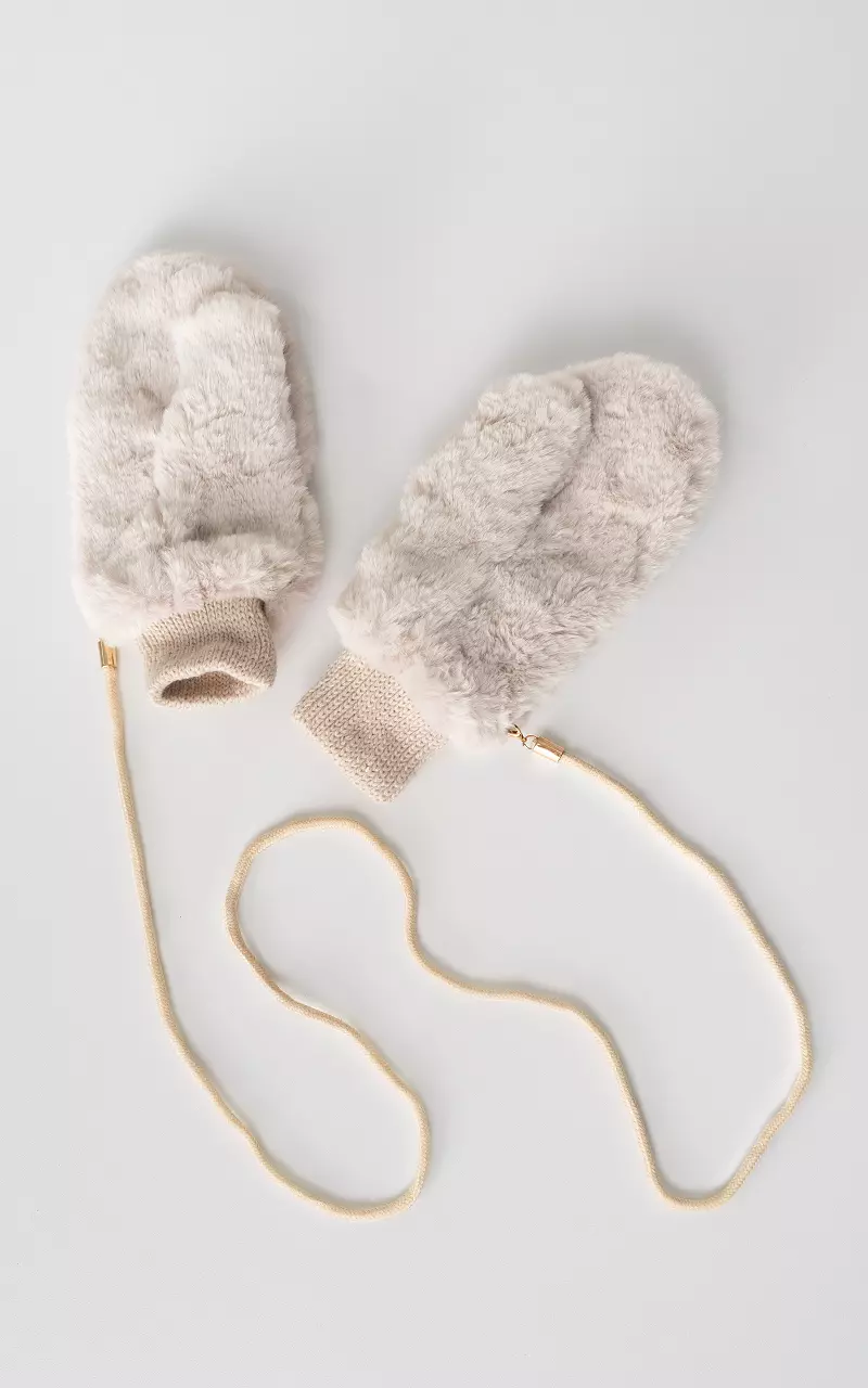 Faux fur mittens with cord Beige