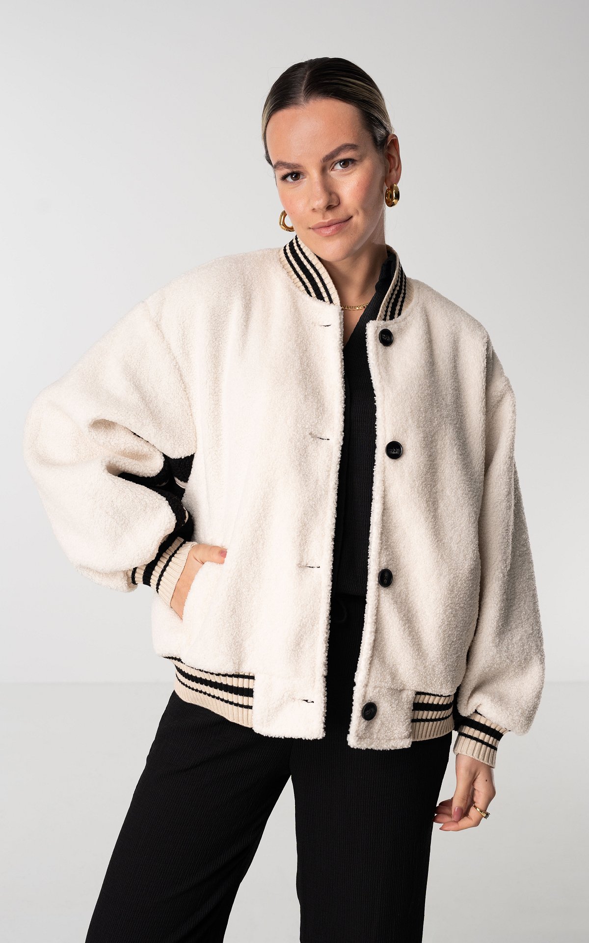 Teddy bomber jacket with buttons - Cream Black