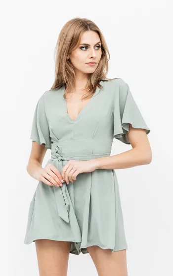 V-neck playsuit with waist-tie green