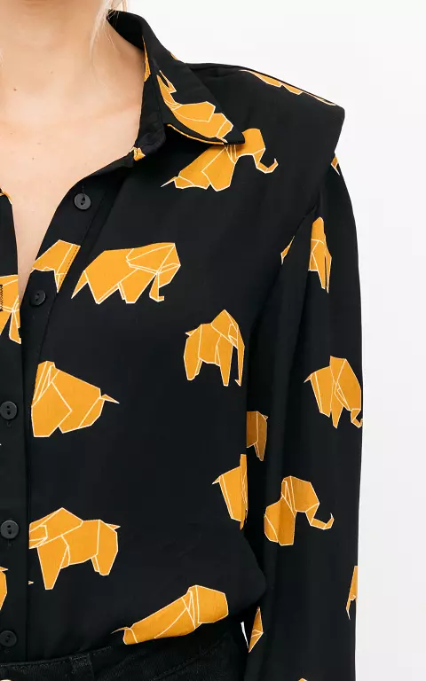 Verspielte Bluse mit Elefanten-Design schwarz ockergelb