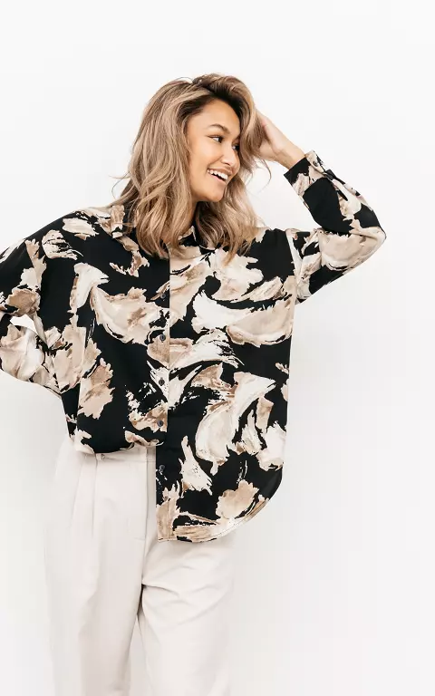 Oversized blouse met print beige zwart