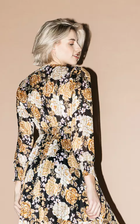 Floral print maxi dress with split black yellow