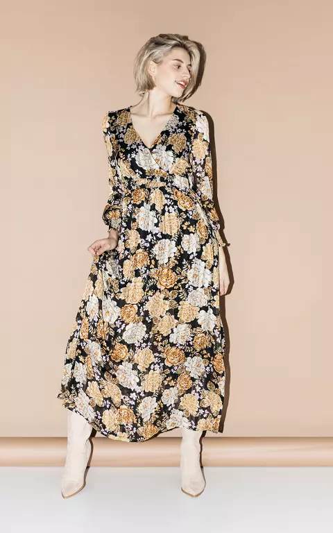 Maxi jurk met bloemenprint en split zwart geel