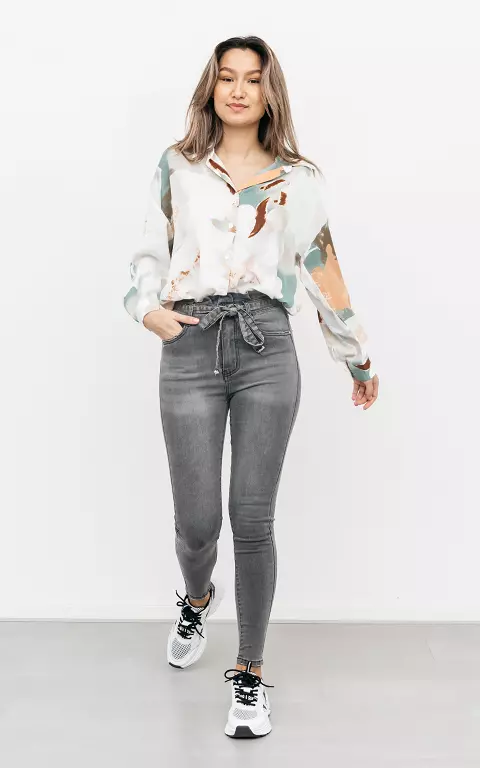 High waist jeans met strikdetail grijs