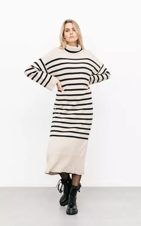 Turtleneck dress with stripes beige black