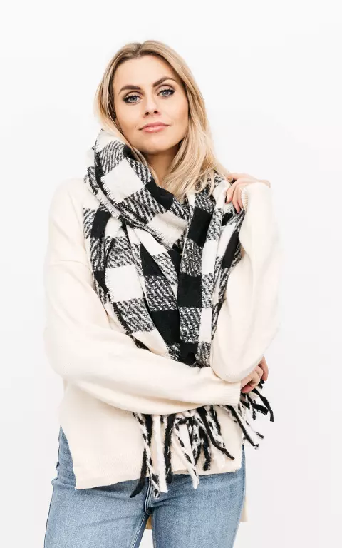 Checkered scarf with frills black cream