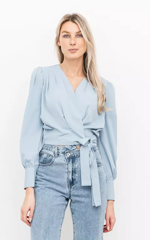 Wrap-around top with puffed sleeves light blue