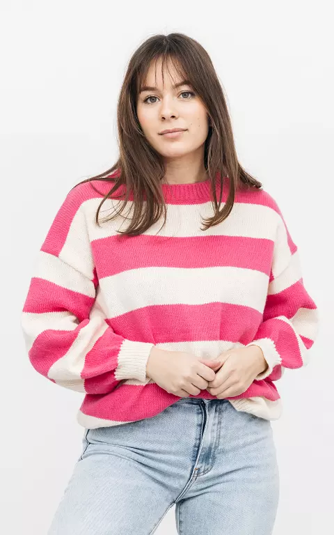 Striped sweater with round neck cream pink