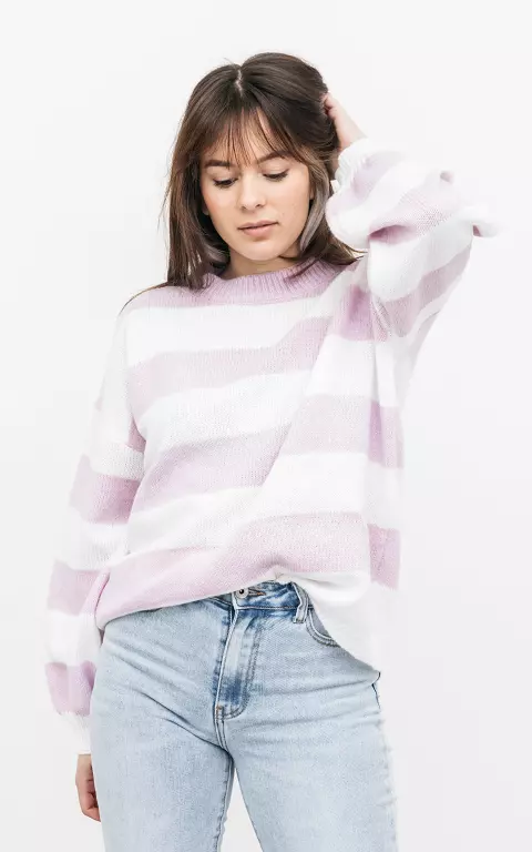 Striped sweater with round neck white lilac