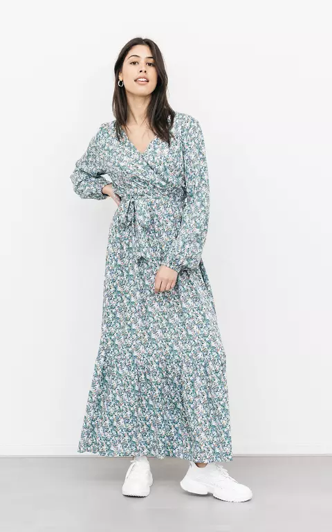 Maxi jurk met bloemetjes print groen lichtblauw