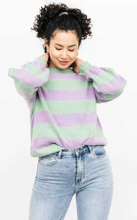 Striped sweater with round neck light green lilac