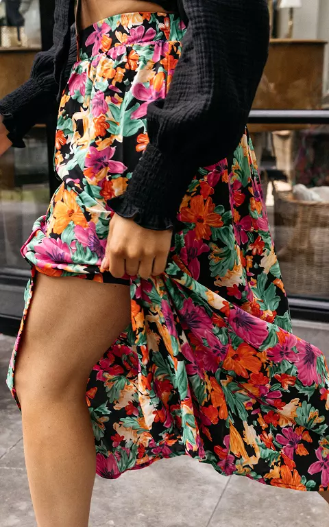 Maxi rok met bloemenprint zwart oranje