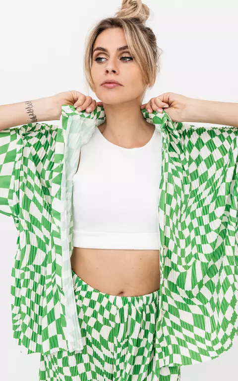 Checkered pleated blouse white light green