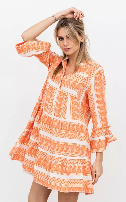 Cotton wide dress with print orange white