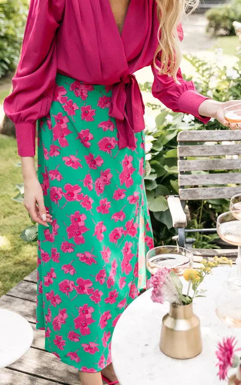 Maxi rok met bloemenprint en split groen fuchsia