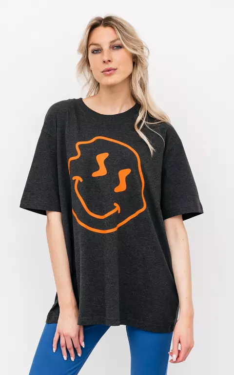 Oversized shirt with smiley dark grey orange