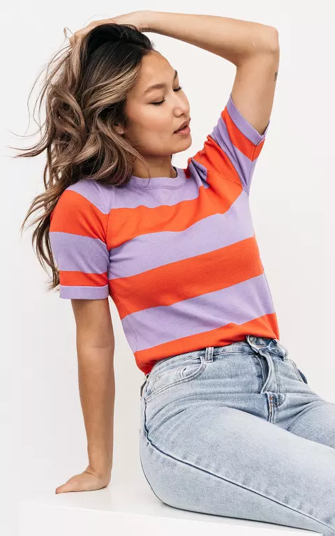 Striped t-shirt with round neck red purple