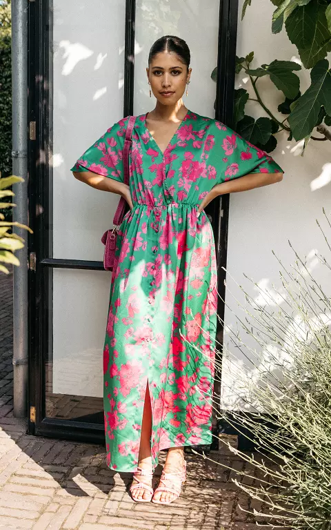 Maxi dress with buttons green pink