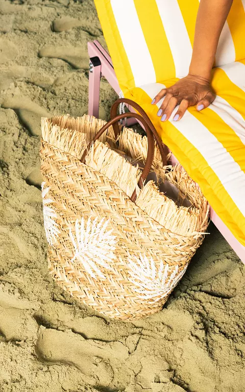 Strandtasche mit Blatt-Motiv hellbraun weiß