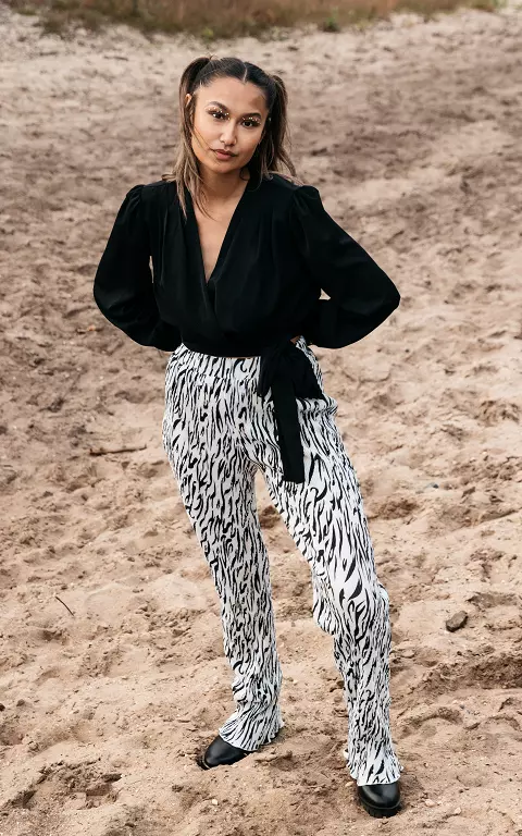 Plissé broek met zebraprint zwart wit