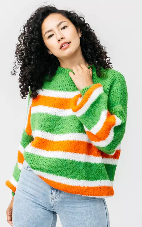 Round neck sweater with striped pattern green orange