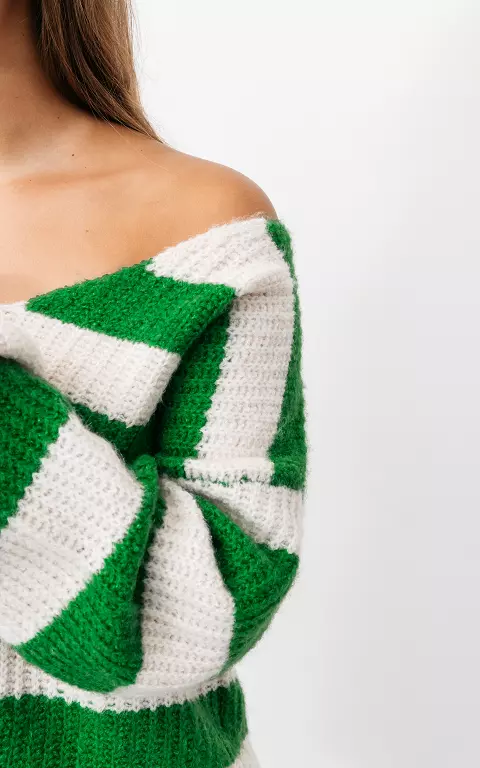 V-neck sweater with stripes green cream