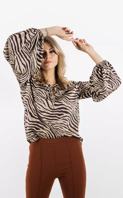 Satin-look blouse with zebra print champagne dark brown