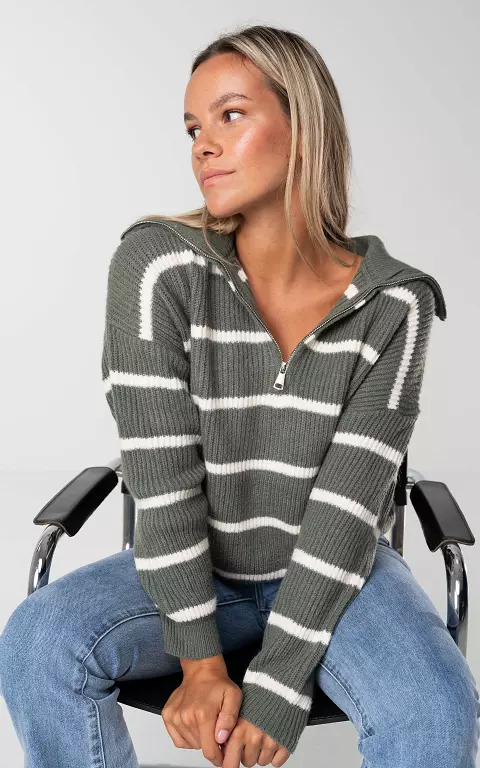 Turtleneck sweater with half zip green white